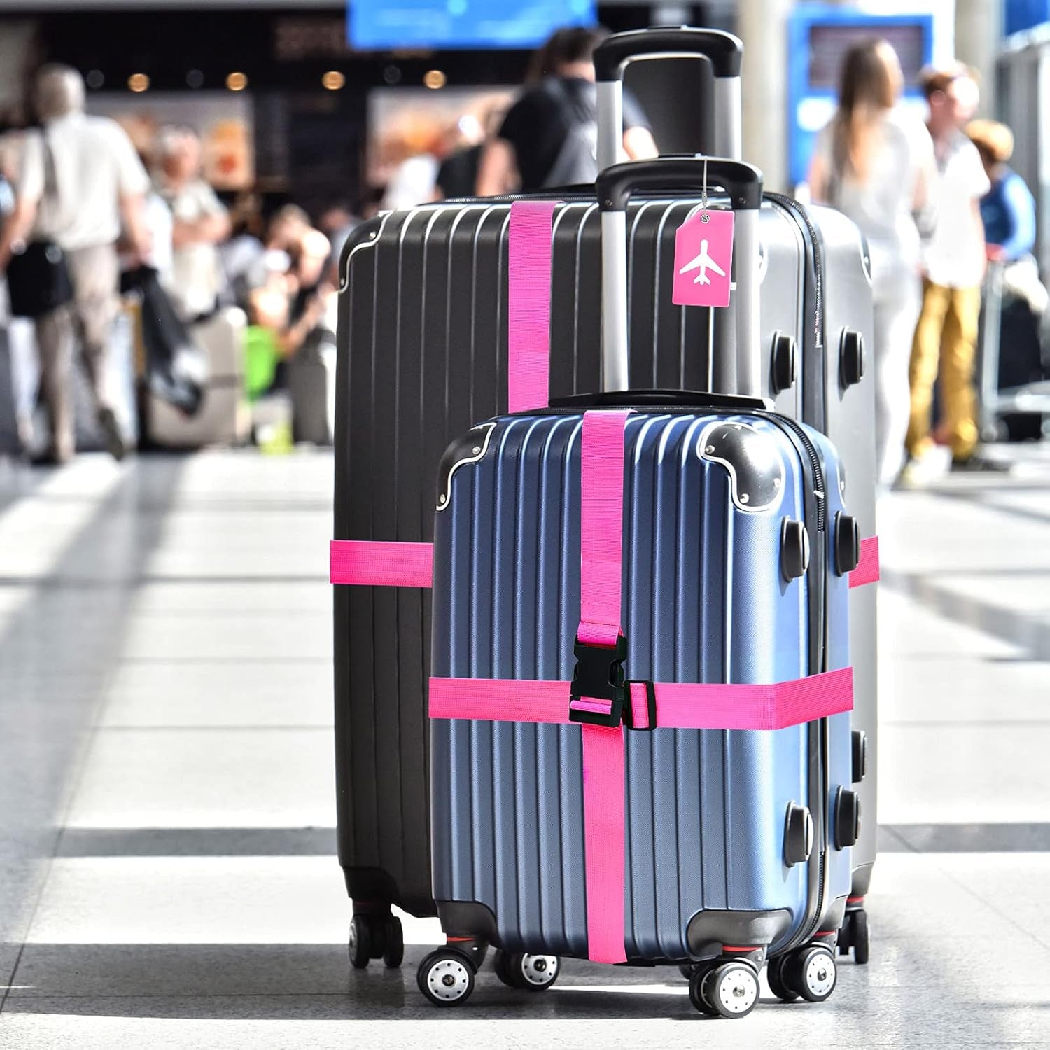 8 Pcs Luggage Straps Suitcase Tags Set for TSA Approved, 4 Travel Adjustable Suitcase Belt, 4 Silicone Luggage Tags with Name ID Card Travel Accessories(Pink,Airplane)